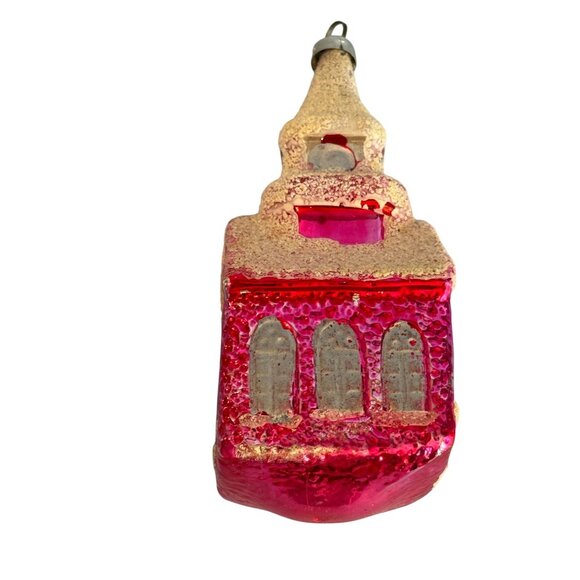 Vintage 3.75" West Germany Glass Church Ornament Red Mica Snow Steeple 1950 - Picture 3 of 8